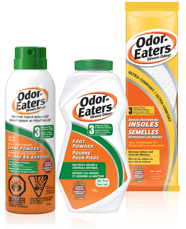 Semelles détruisant les odeurs ultra-confort de Odor-Eaters, Poudre en aérosol de Odor-Eaters, Poudre pour pieds de Odor-Eaters
